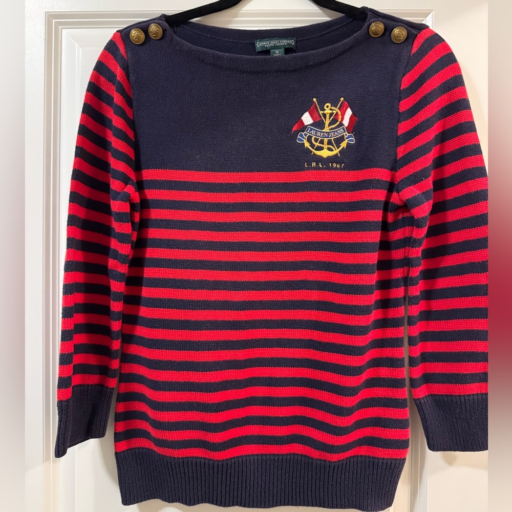 Ralph Lauren Vintage Medium Sweater 100% cotton Red nautical Crew pullover
